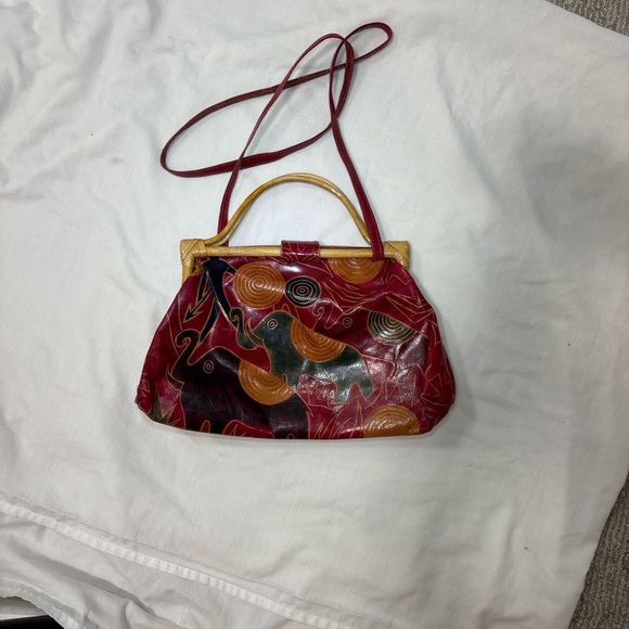 Vintage Elephant Print Red, tan, Greenand Brown crossbody Handbag - Picture 4 of 9